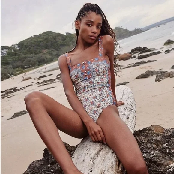 BOTEH Clementine Zoey Button Detail Multi Print One Piece Swimsuit SZ L - Picture 7 of 10